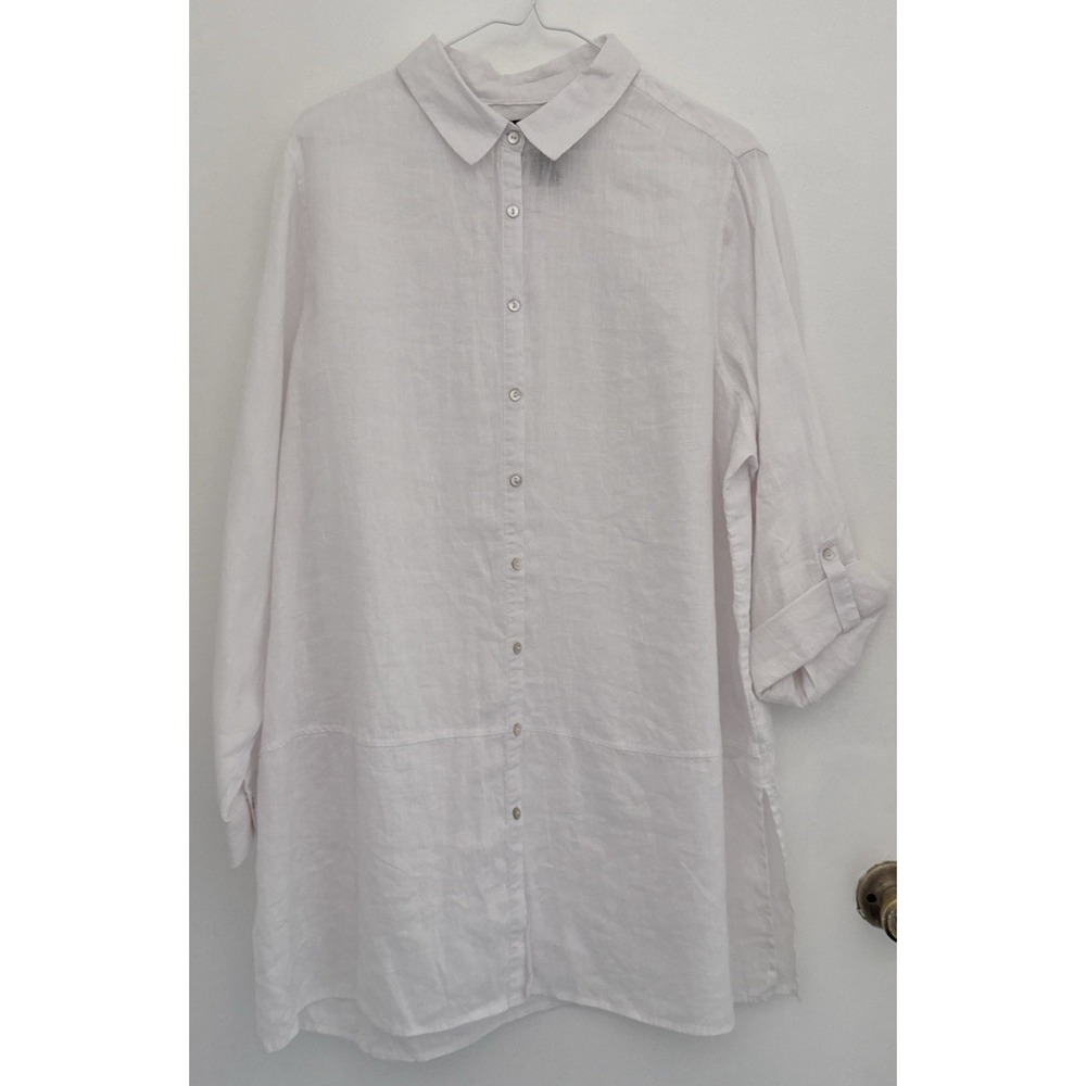 TAHARI Tunic Womens 1X White Roll-Up Long Sleeve Button Up 100% Linen Lagenlook